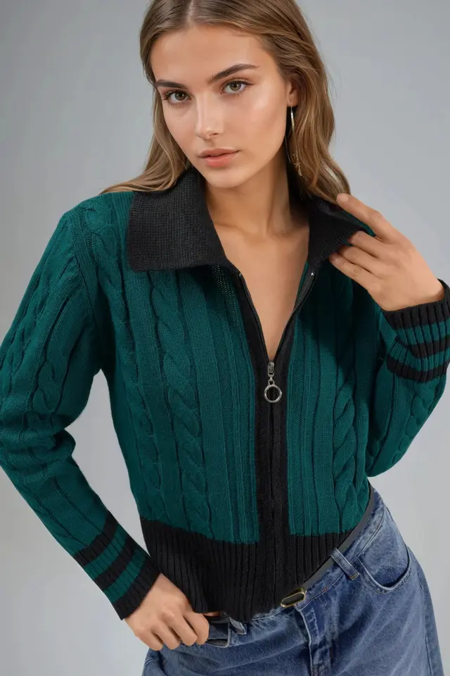 MY FASHION Polo Neck Zippered Cardigan