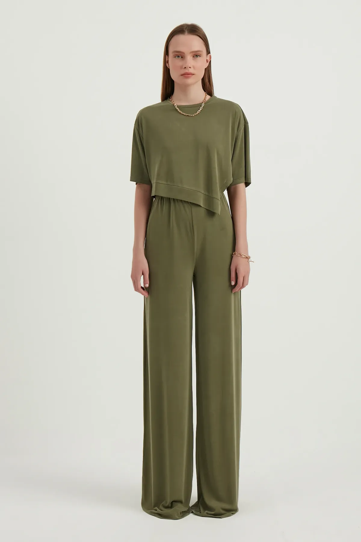 Round Neck Asymmetrical Crop Top & High Waist Relaxed Fit Trousers 1
