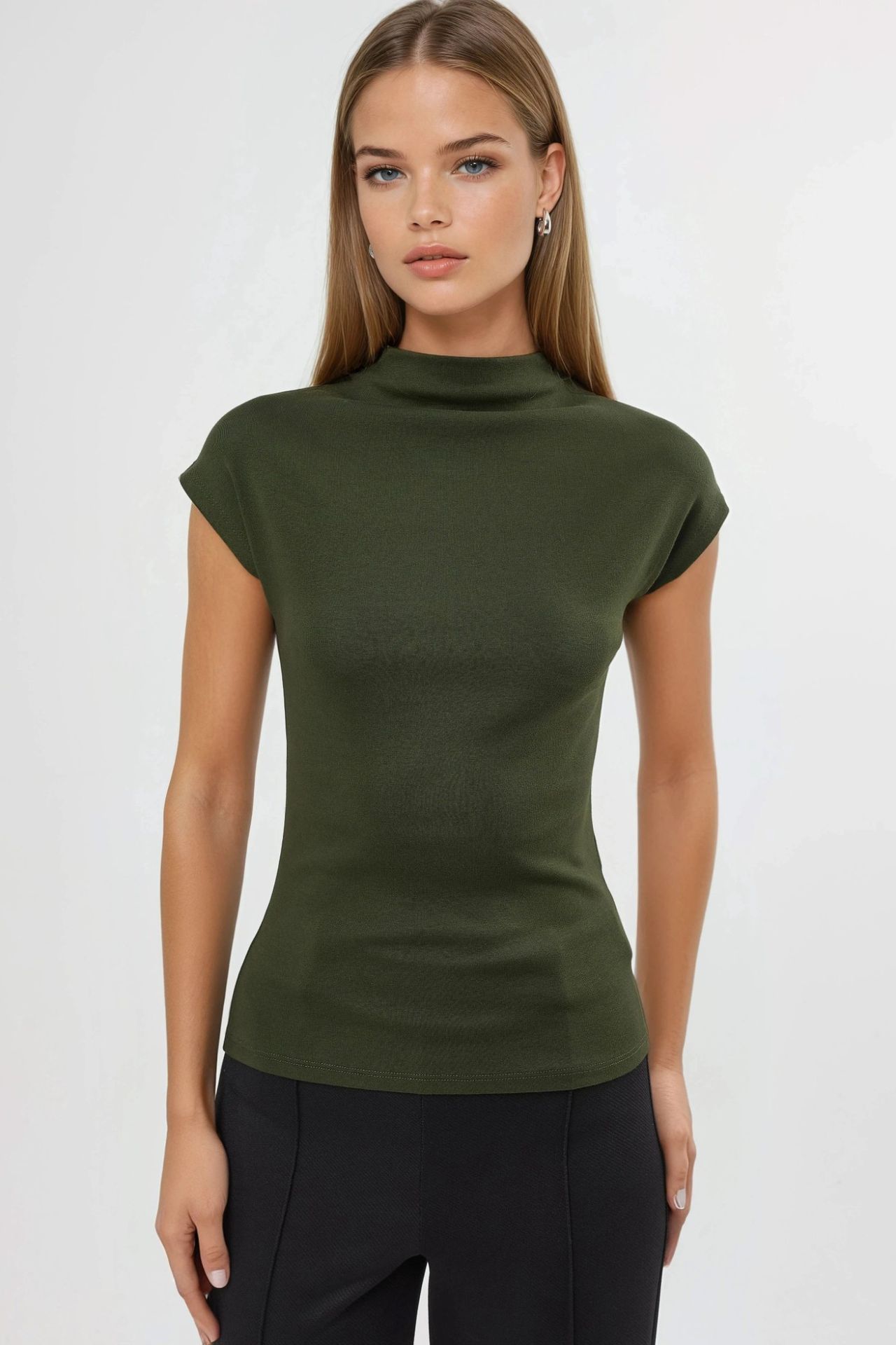 Fitted Mock Neck Cap Sleeve Knitted Blouse 6