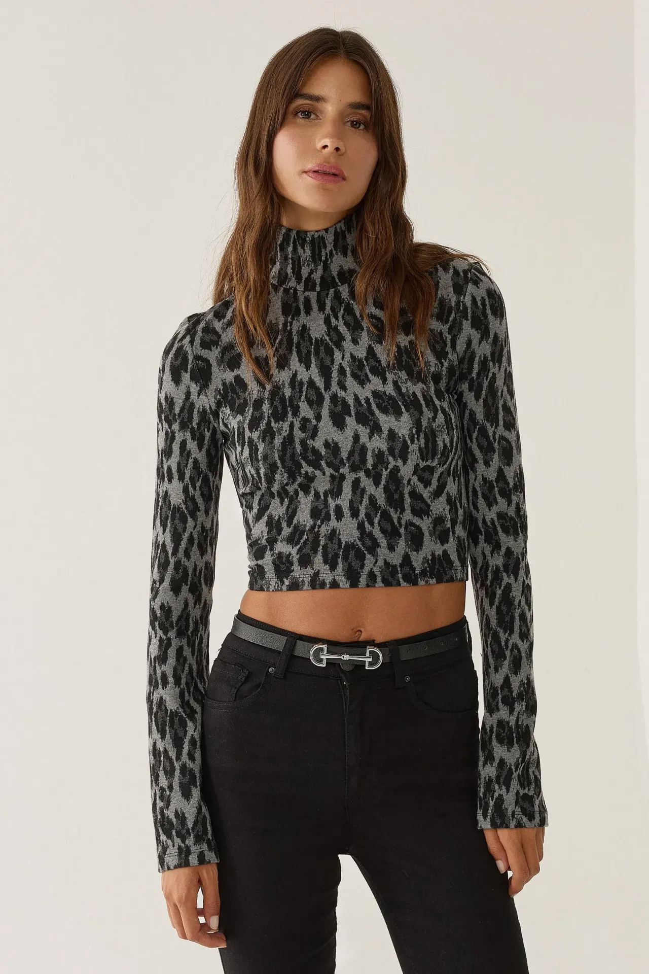 Slim Fit Turtleneck Animal Print Top