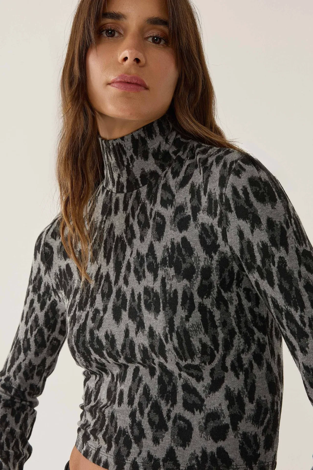 Slim Fit Turtleneck Animal Print Top