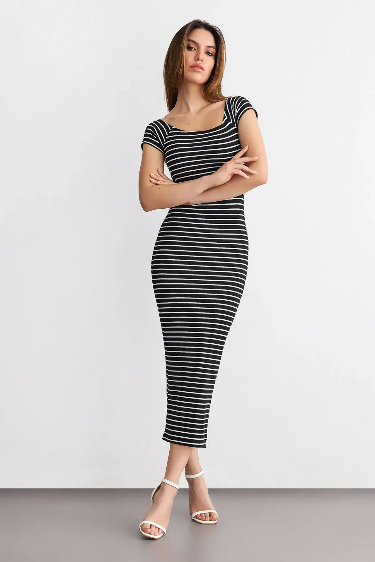 Striped Bodycon Midi Dress with Boat Neck