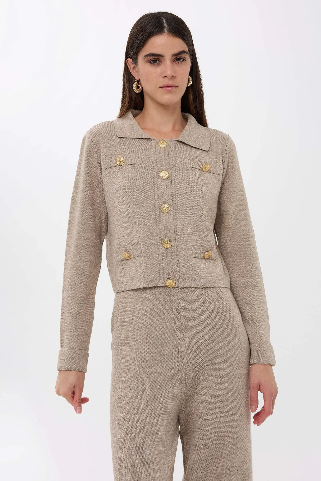 Shirt Collar Long Knit Co-Ord Set