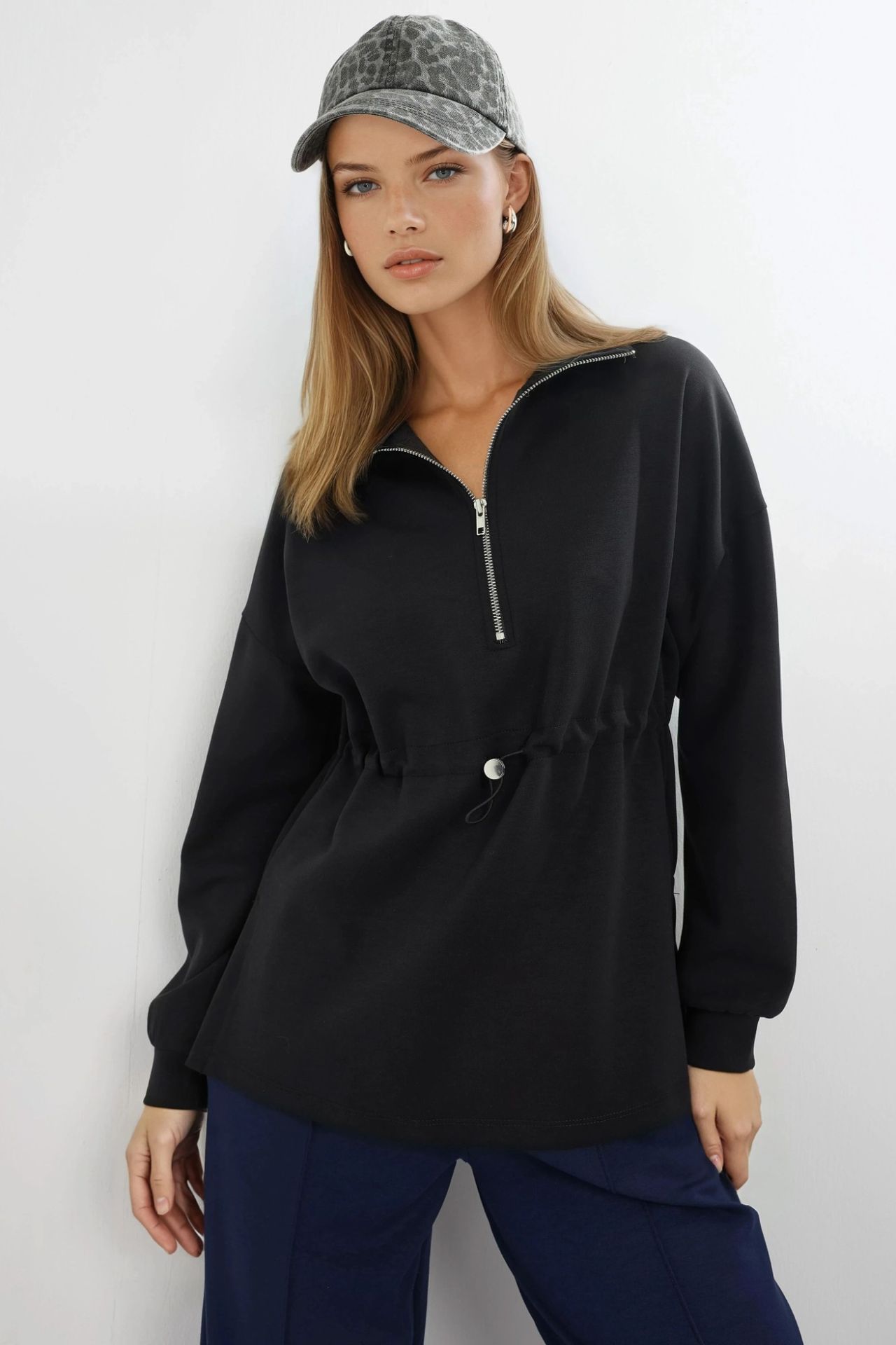 BUSEM Zipper Collar Sweatshirt with Adjustable Waist 1