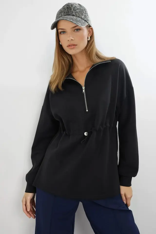 BUSEM Zipper Collar Sweatshirt with Adjustable Waist