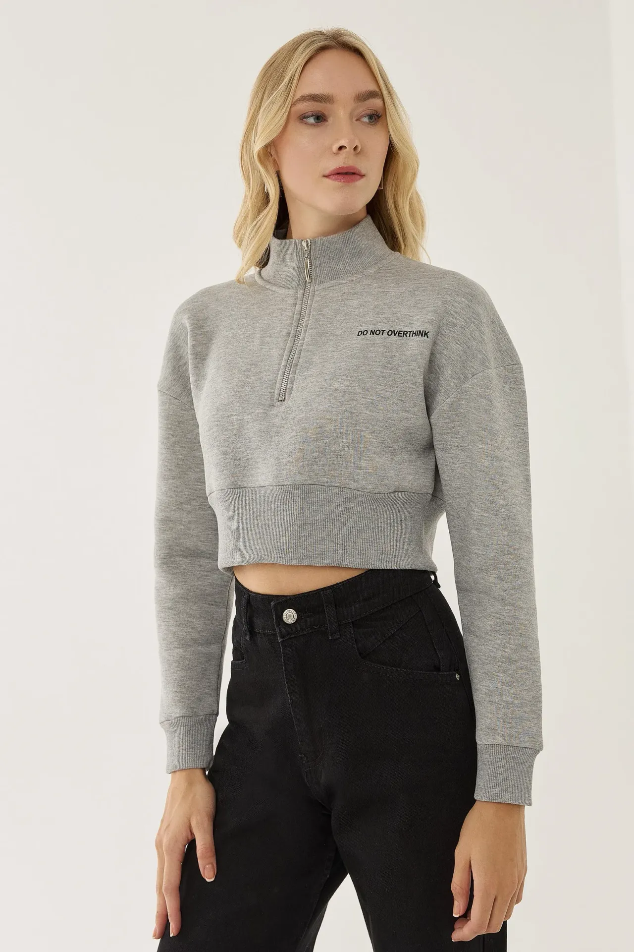 Zipper Collar Crop Slogan Sweatshirt