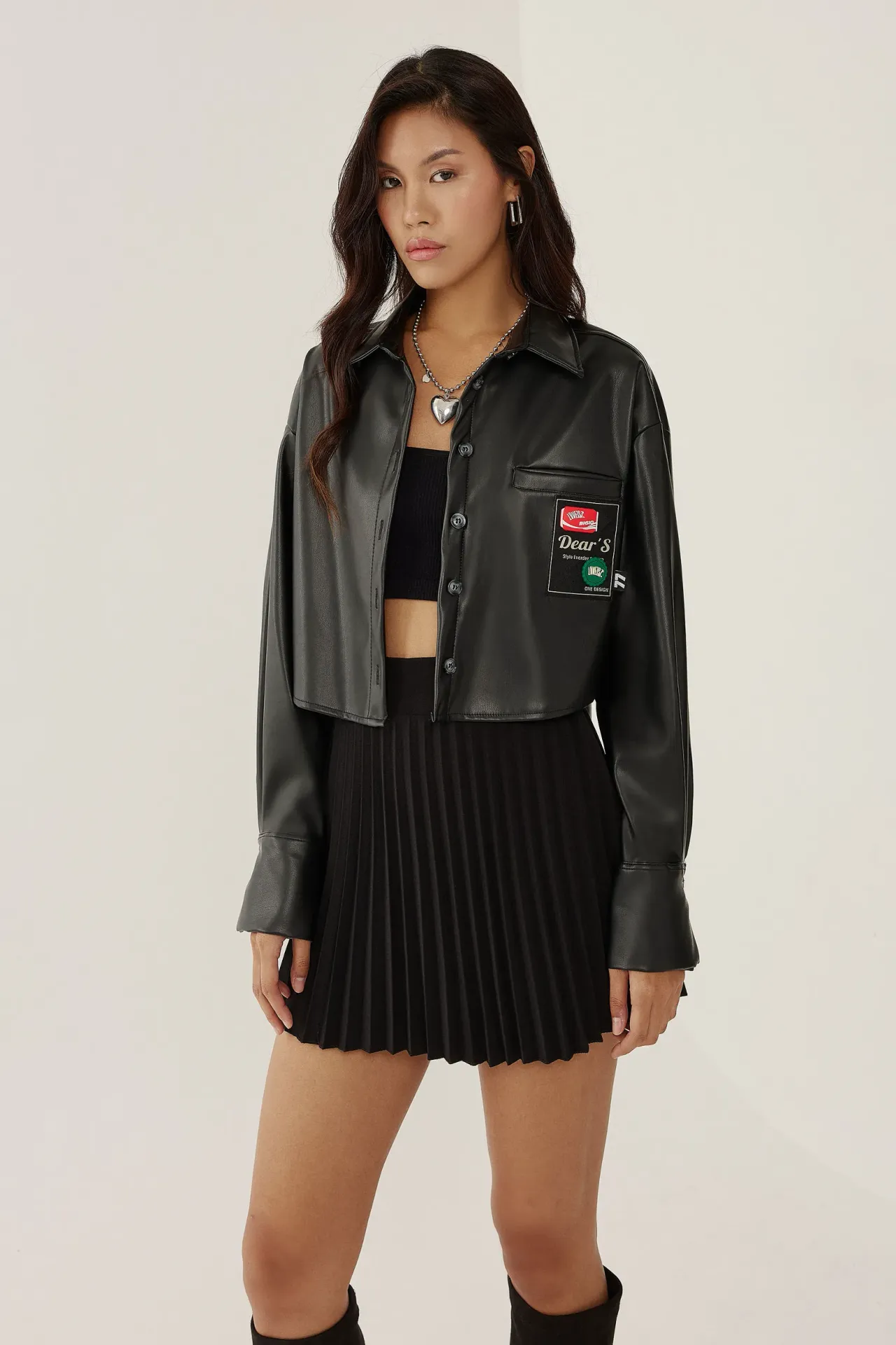 Faux Leather Relaxed Fit Crop Shirt with Applique