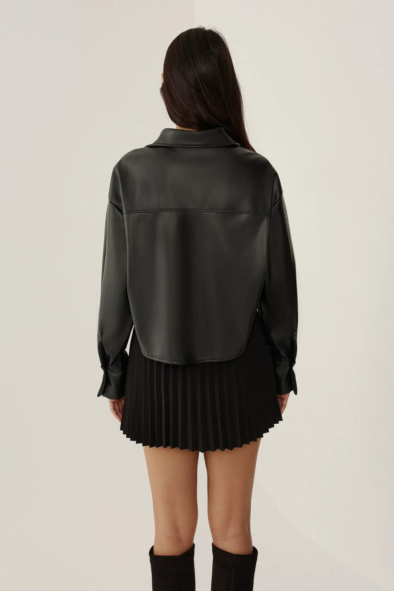 Faux Leather Relaxed Fit Crop Shirt with Applique