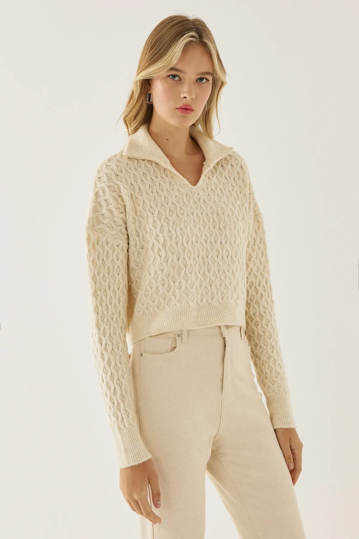 Textured Knitted Sweater with Shirt Collar 3