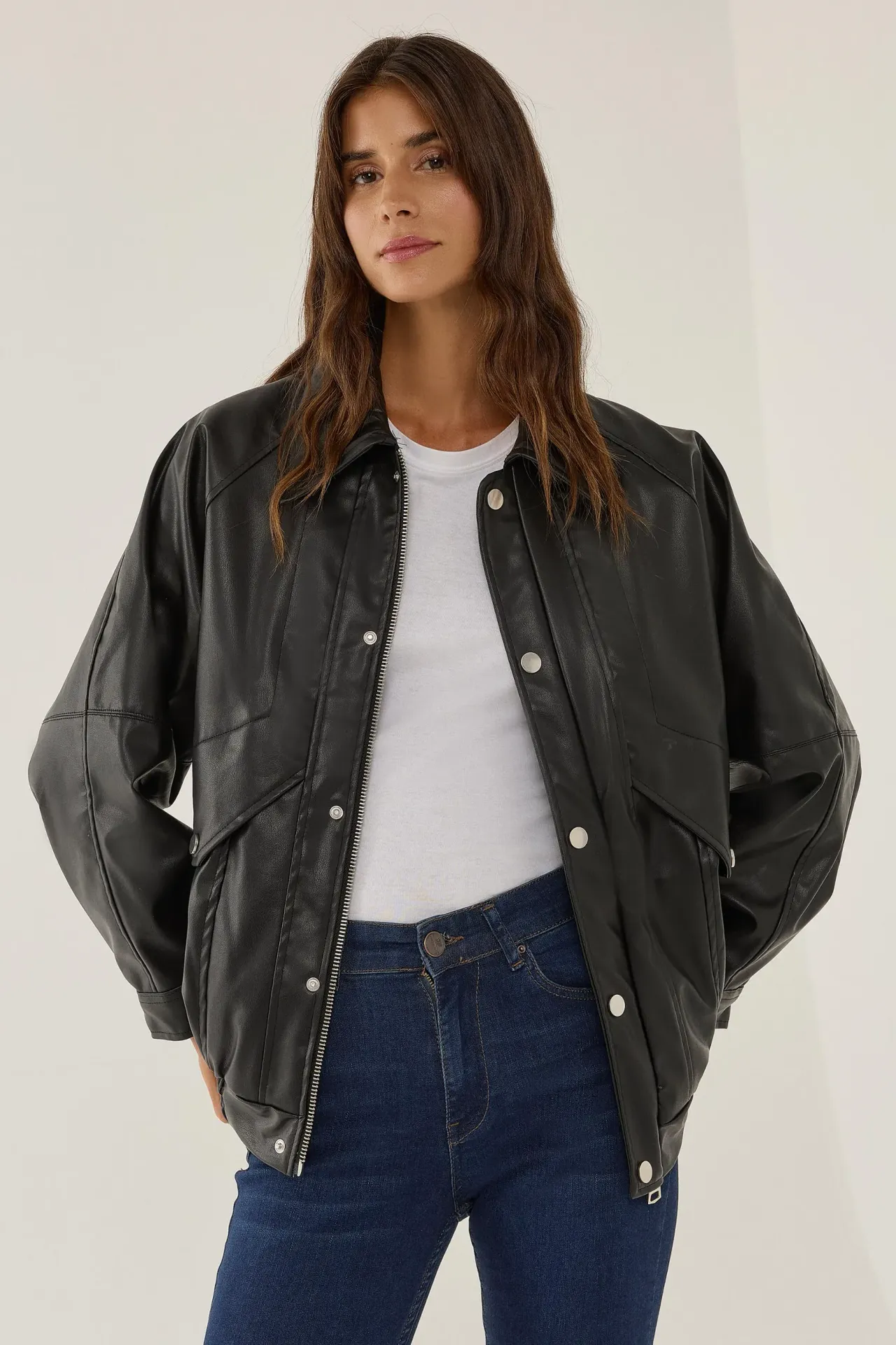 Oversized Faux Leather Jacket with Double Pockets