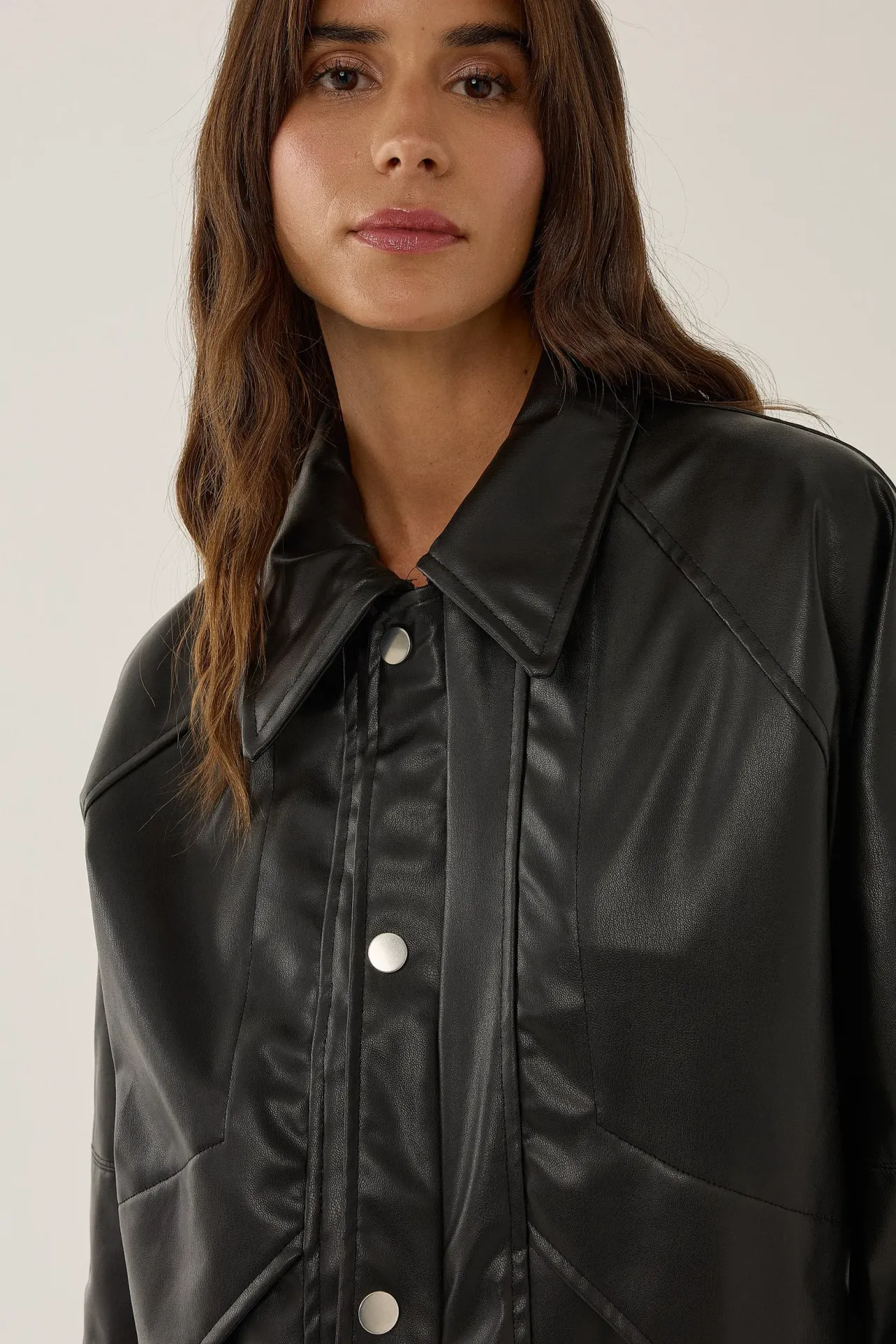 Oversized Faux Leather Jacket with Double Pockets