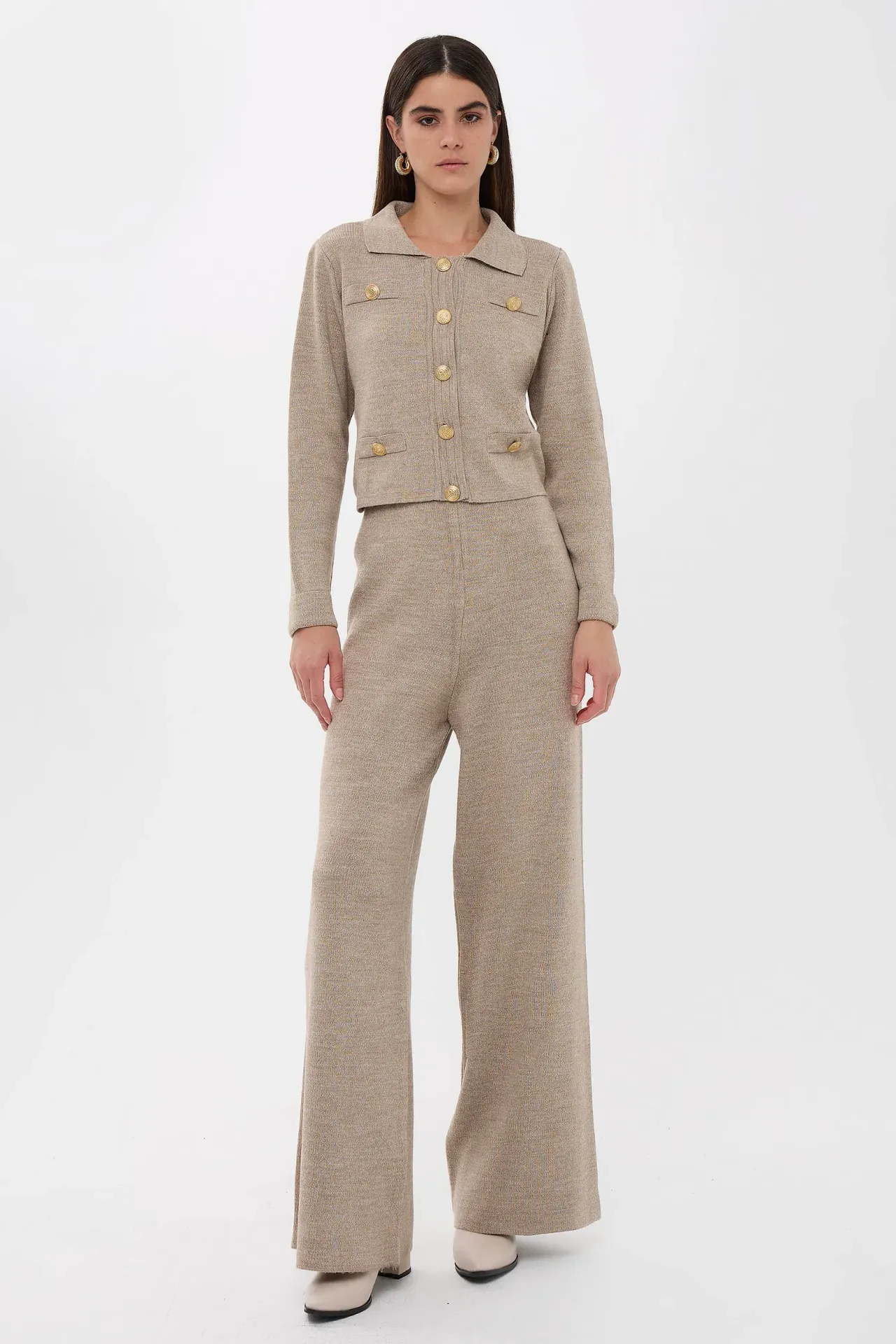 Shirt Collar Long Knit Co-Ord Set