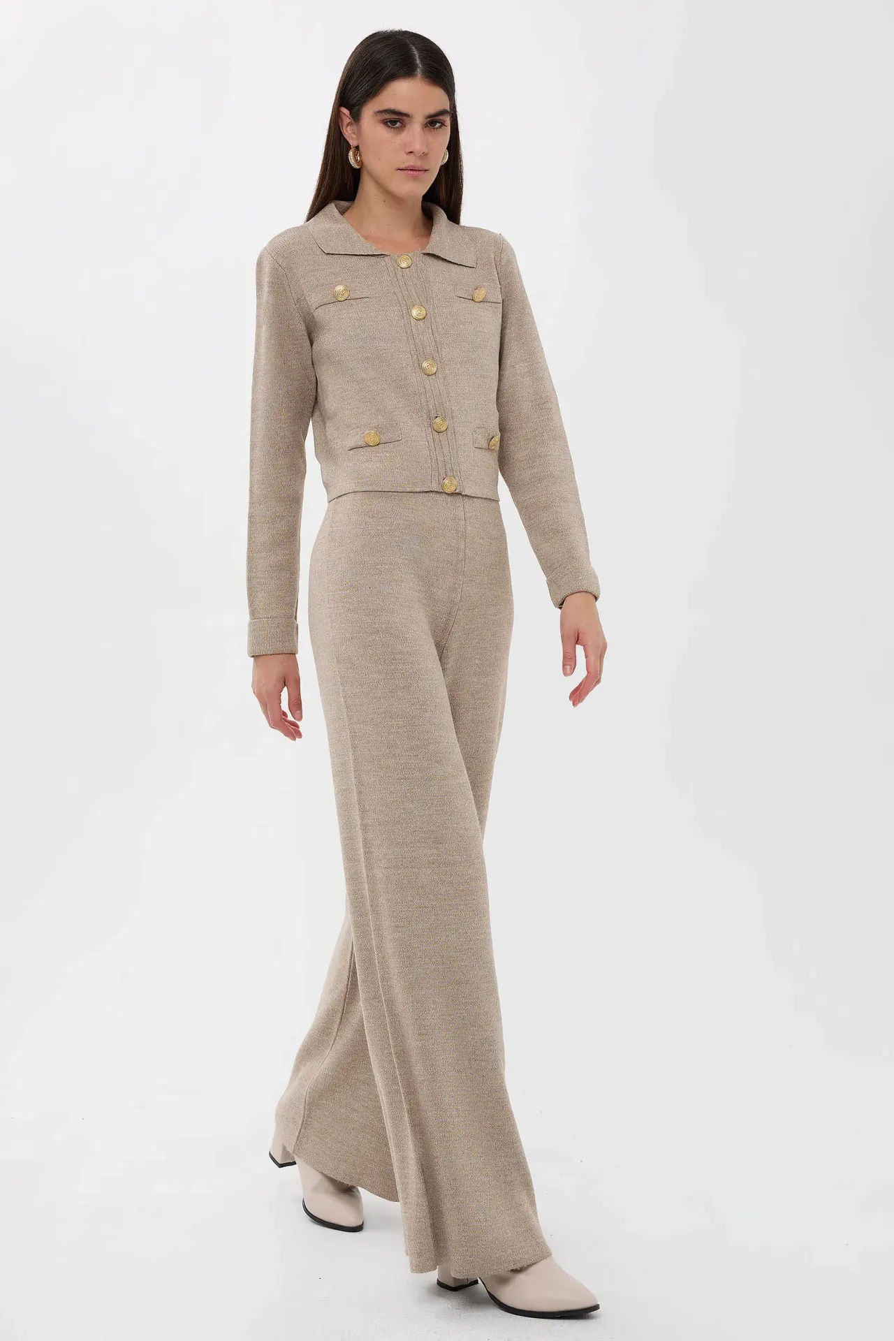 Shirt Collar Long Knit Co-Ord Set