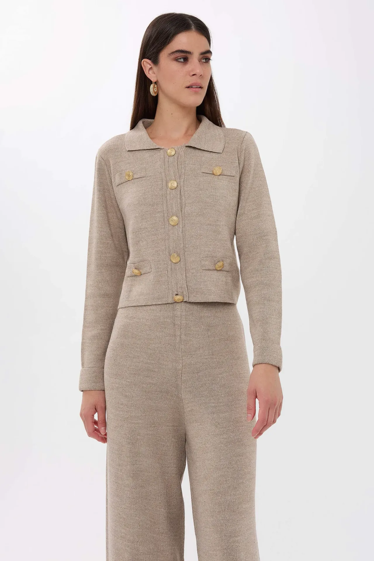 Shirt Collar Long Knit Co-Ord Set