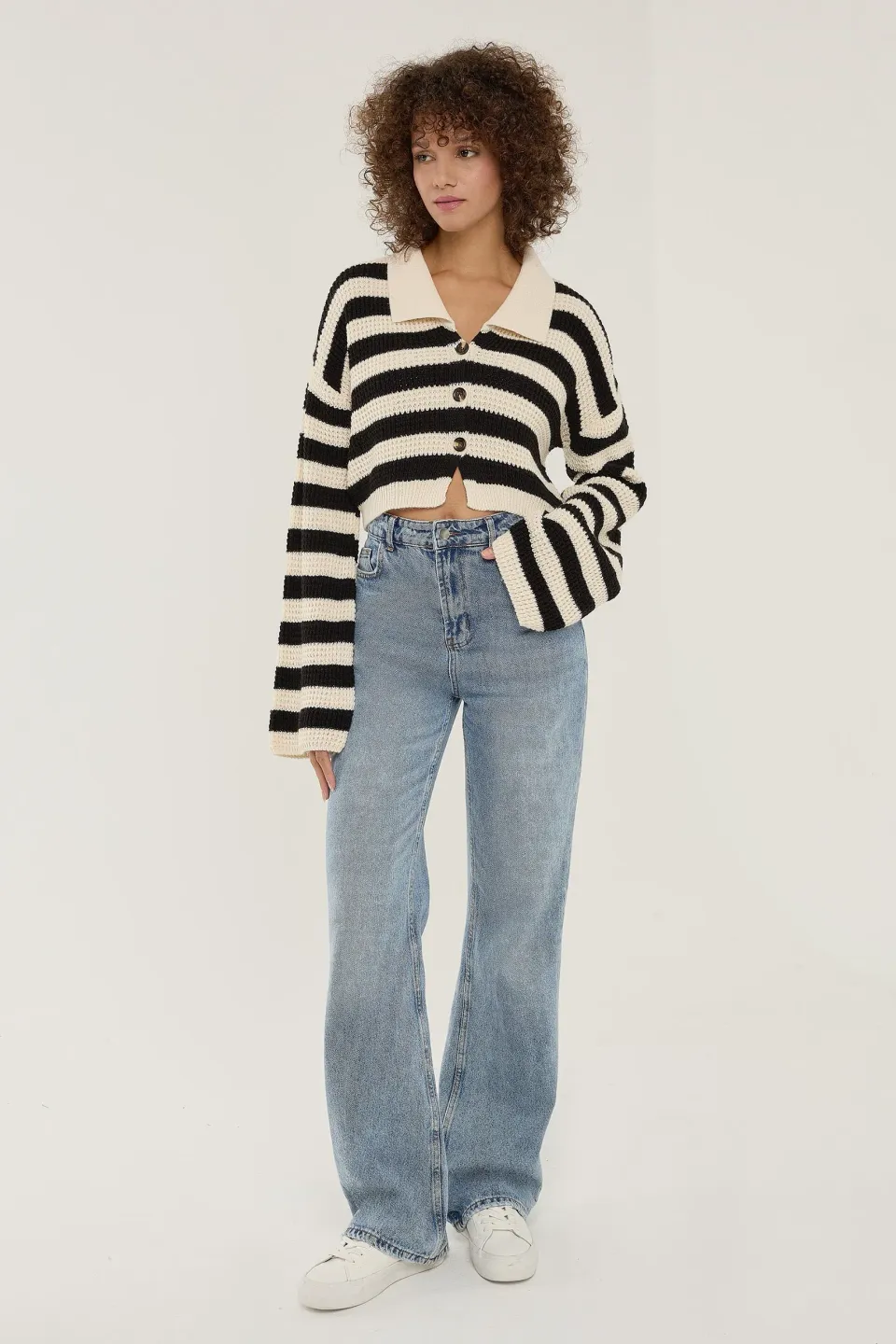 Striped Crop Sweater with Button Detail