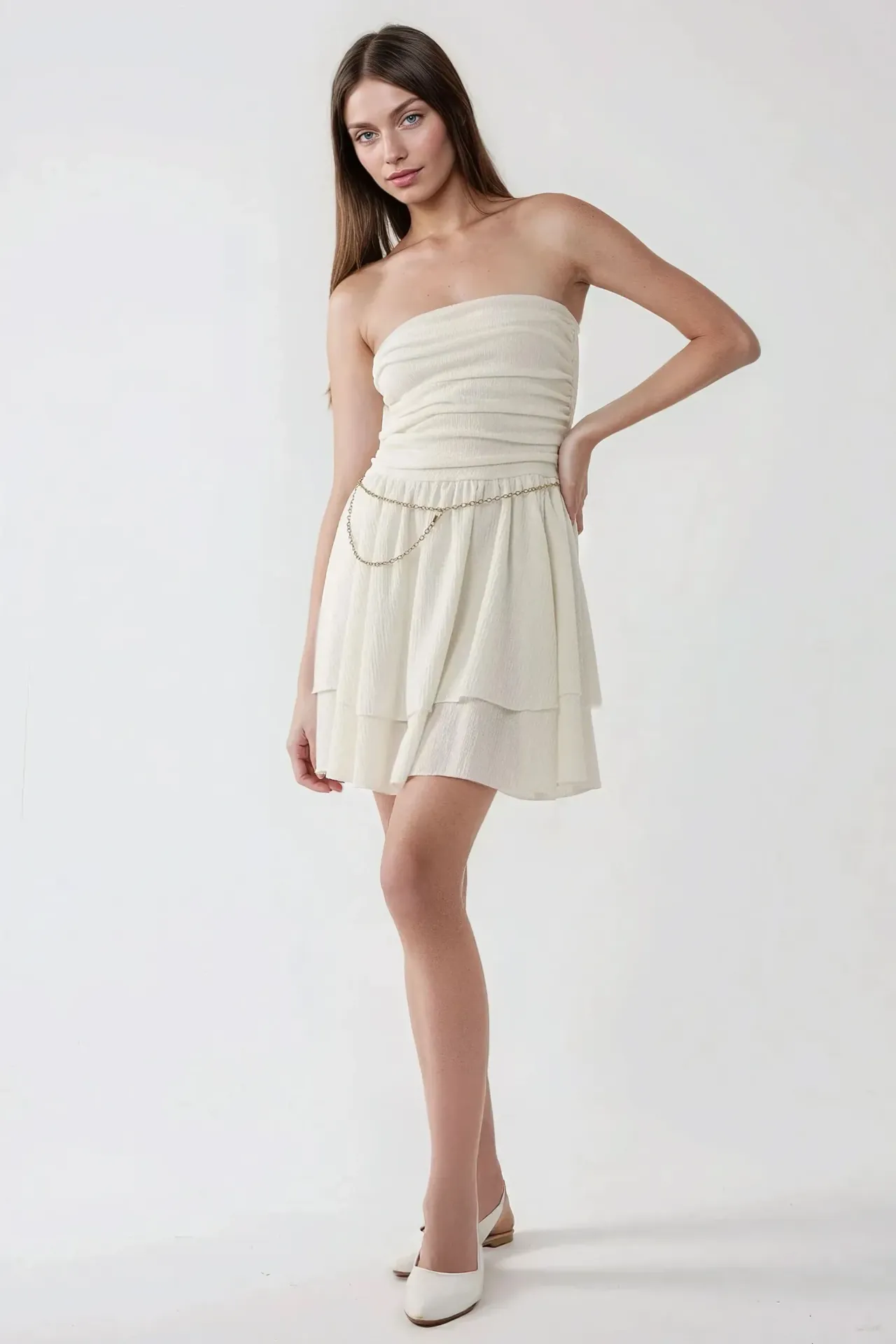 Strapless Textured Ruffle Mini Dress