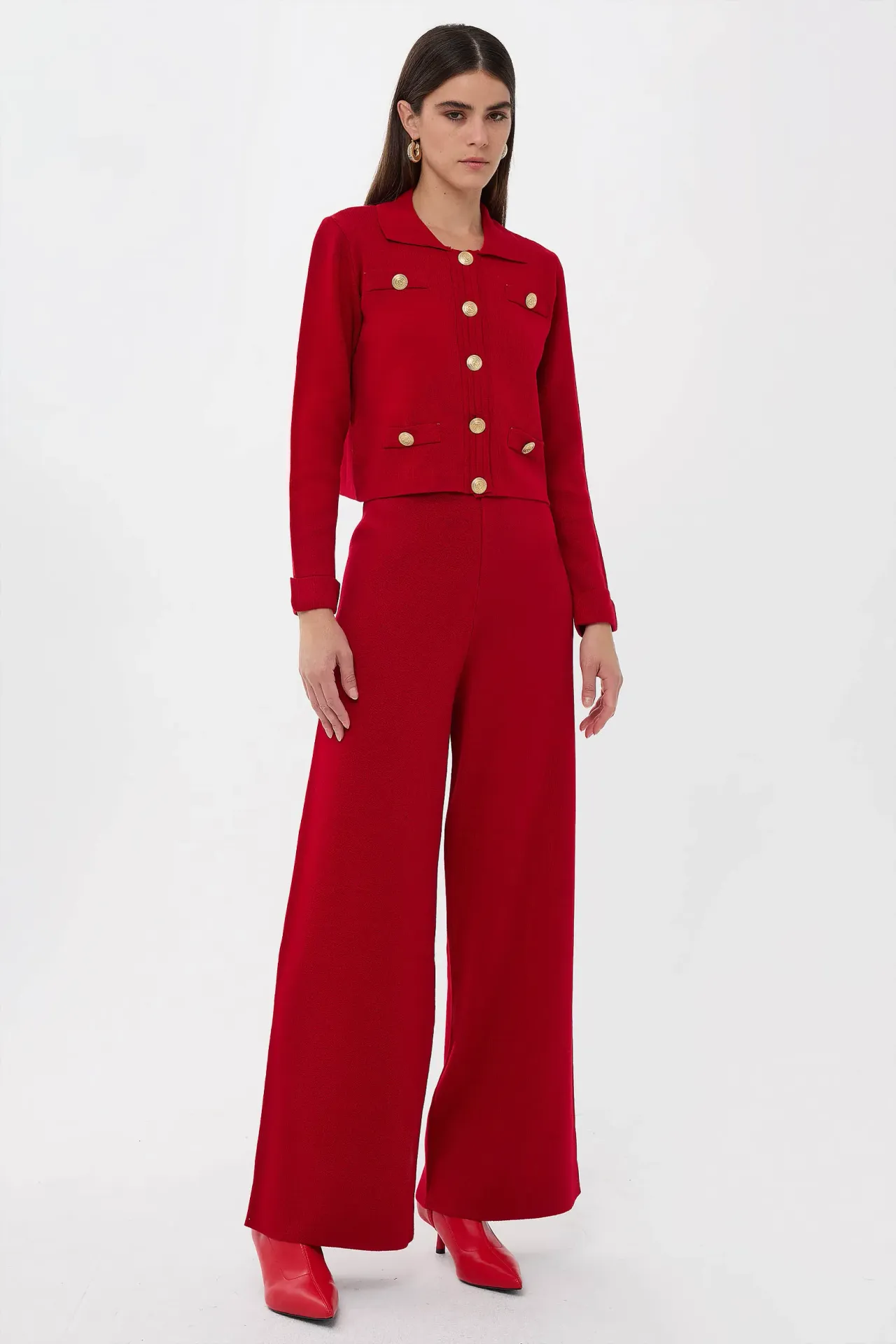 Shirt Collar Long Knit Co-Ord Set