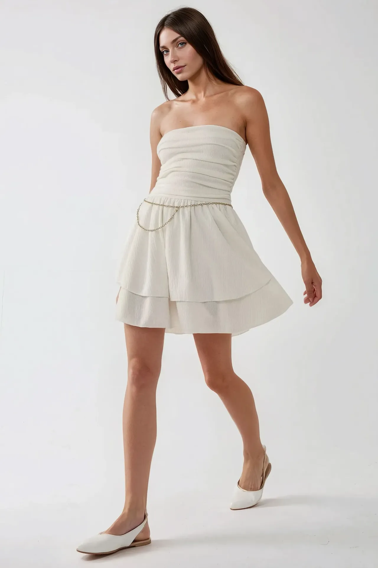 Strapless Textured Ruffle Mini Dress
