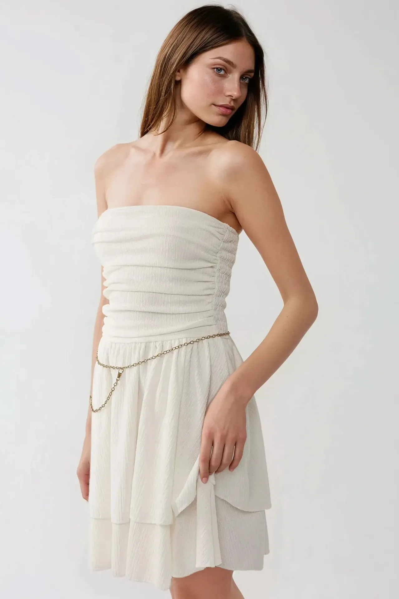 Strapless Textured Ruffle Mini Dress