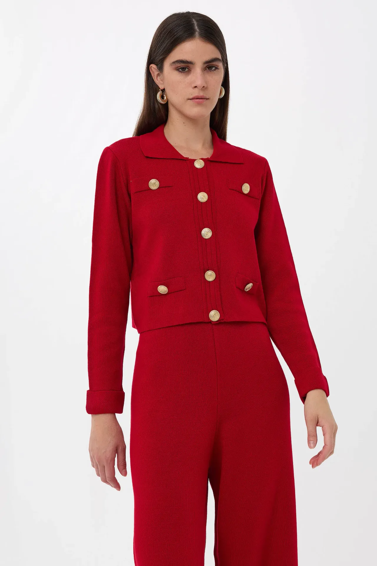 Shirt Collar Long Knit Co-Ord Set