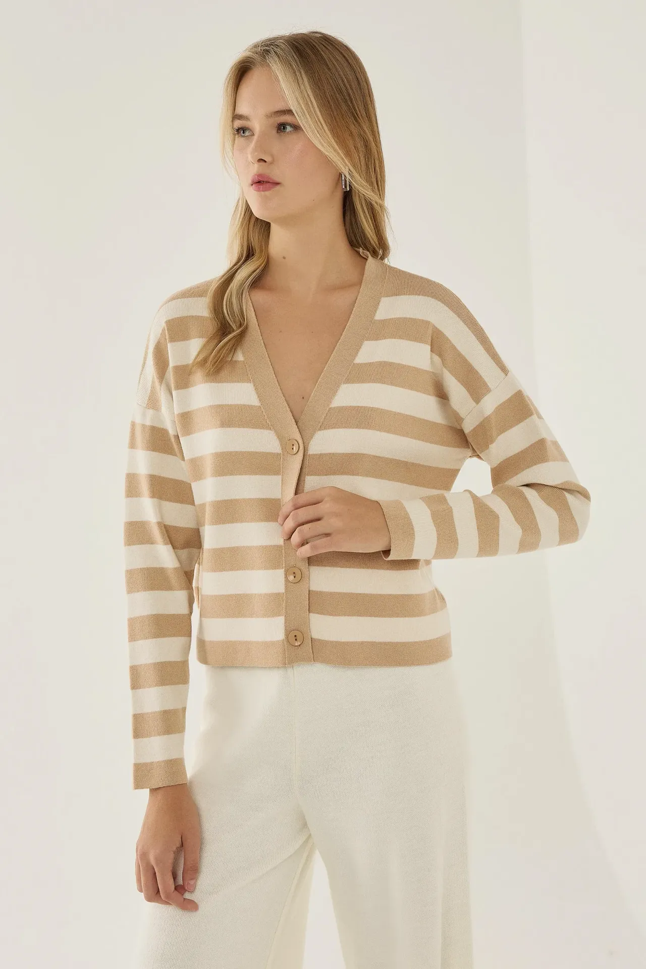 Striped V-Neck Cardigan with Button Detail