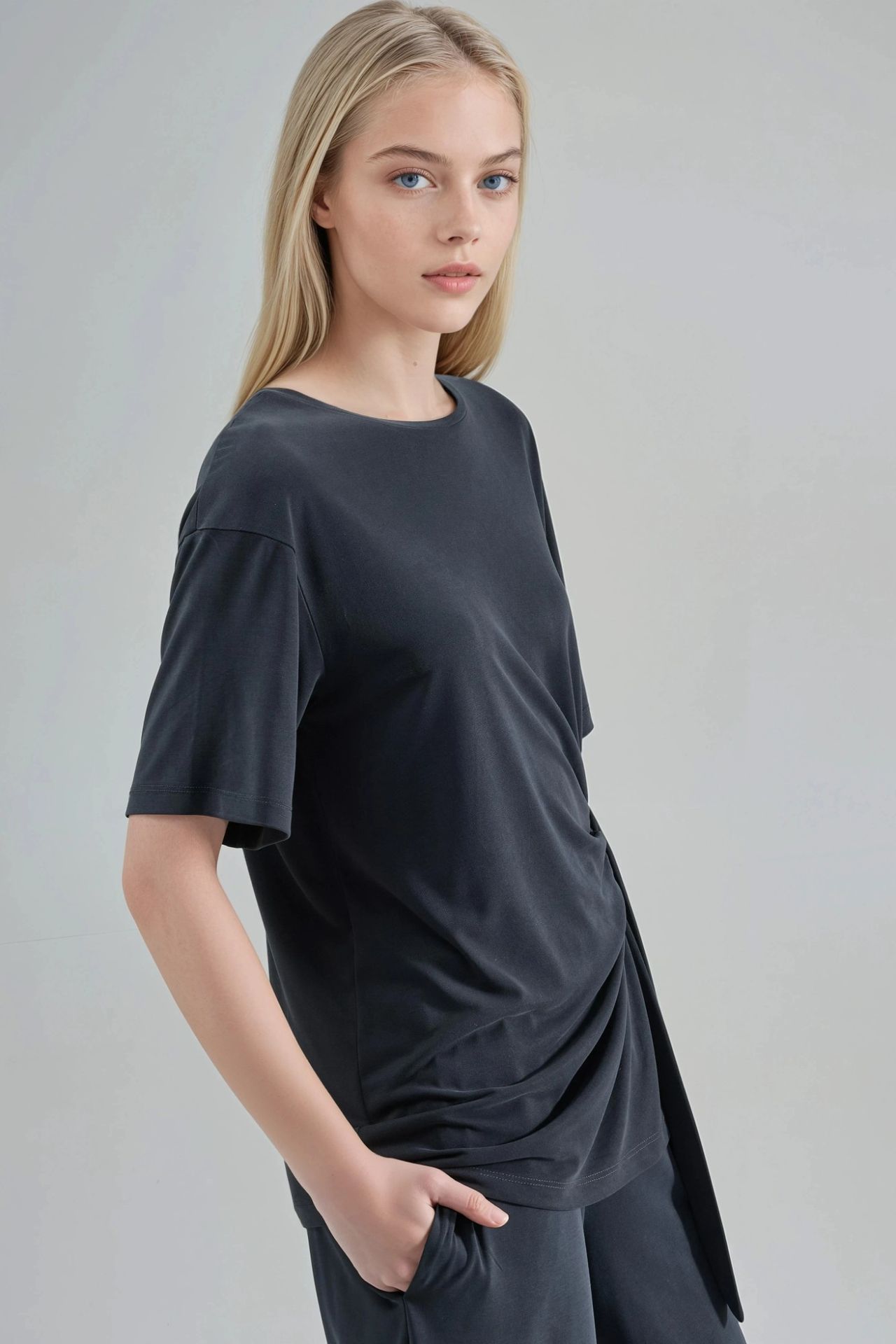 BUSEM Loose Fit Crew Neck Modal Blouse with Tie Detail 2
