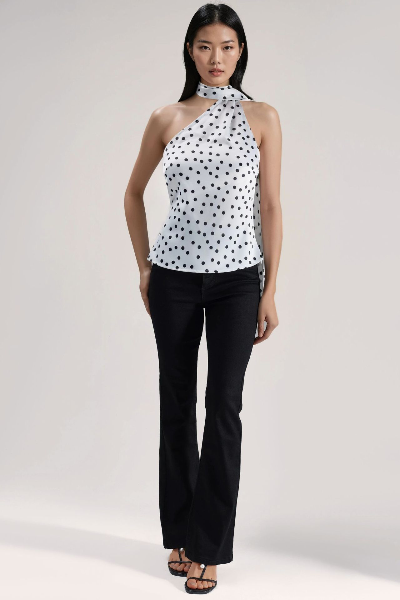 Asymmetrical Collar Polka Dot Satin Blouse 5