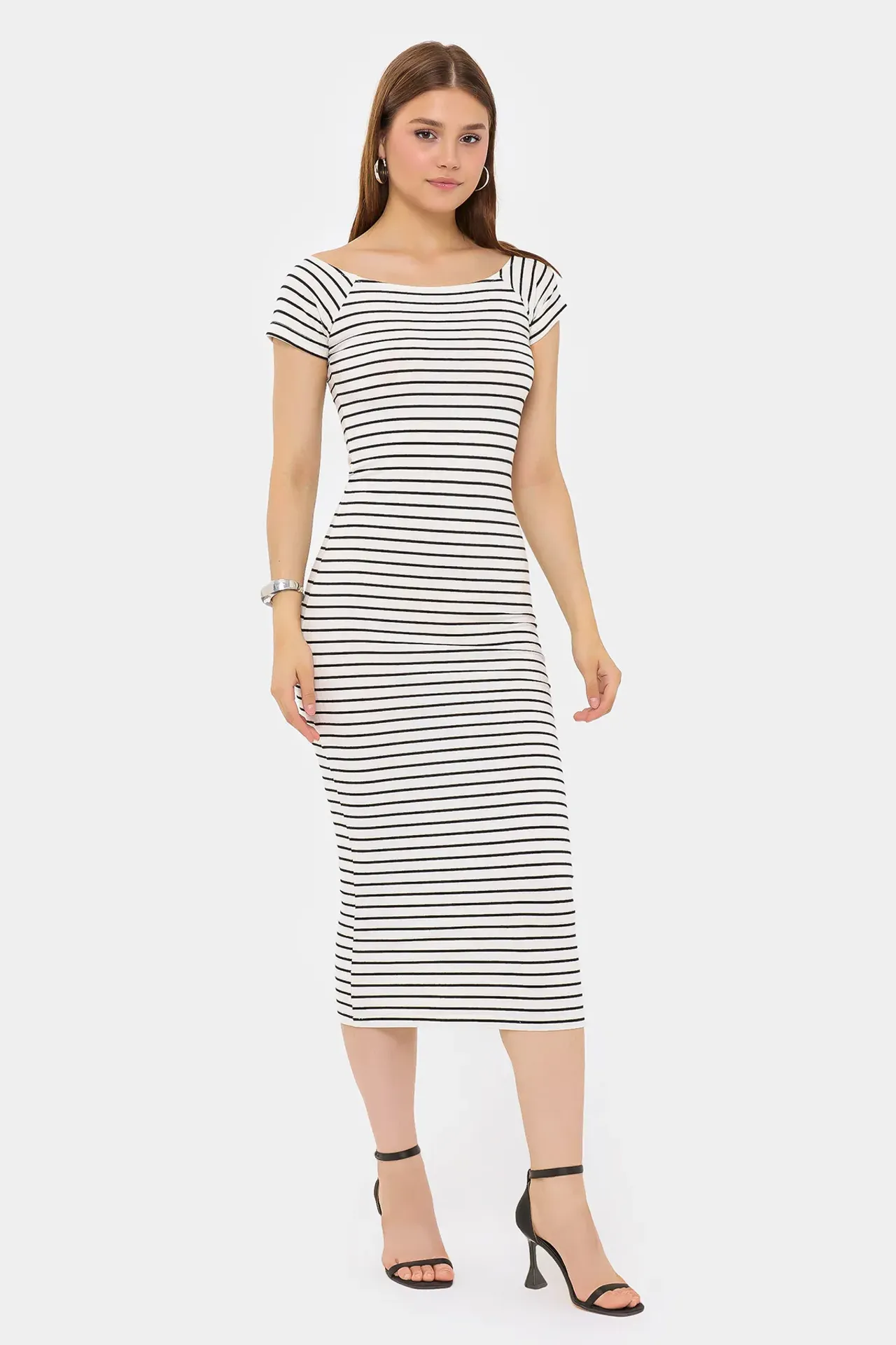 Striped Bodycon Midi Dress with Boat Neck