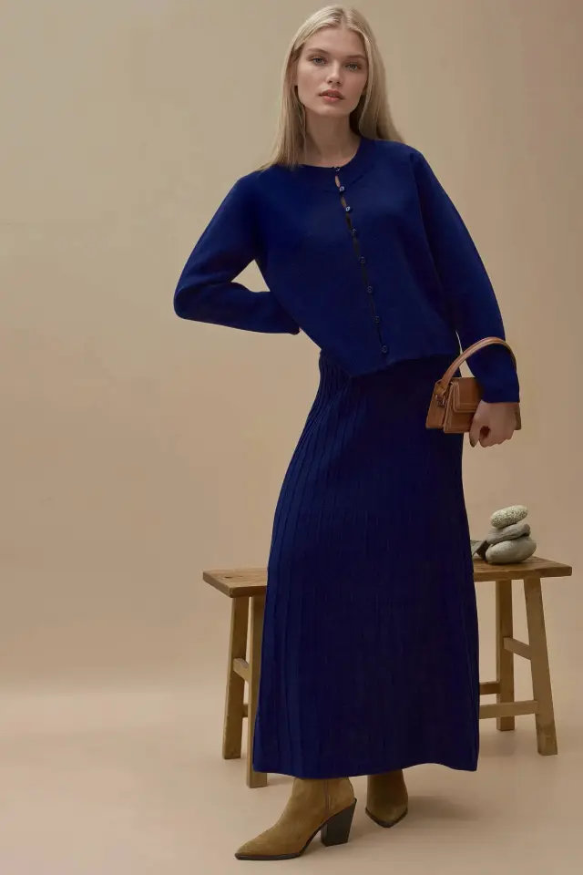 Textured Knit Co-Ord Set with Crew Neck Cardigan and Flared Skirt