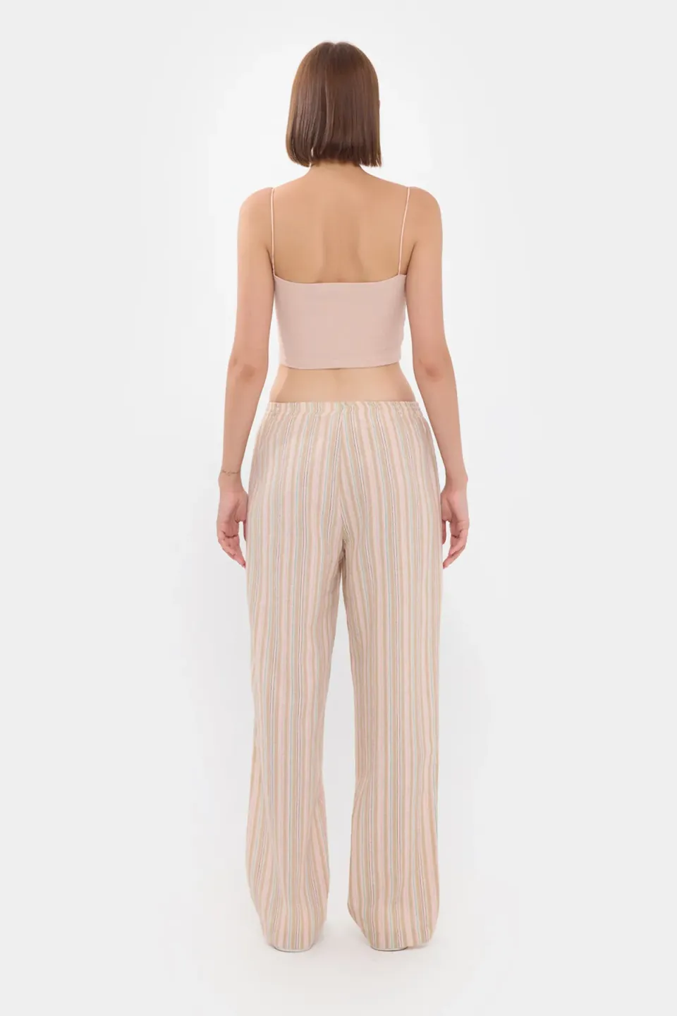 High-Waist Striped Woven Trousers with Elastic Waist and Button Detail