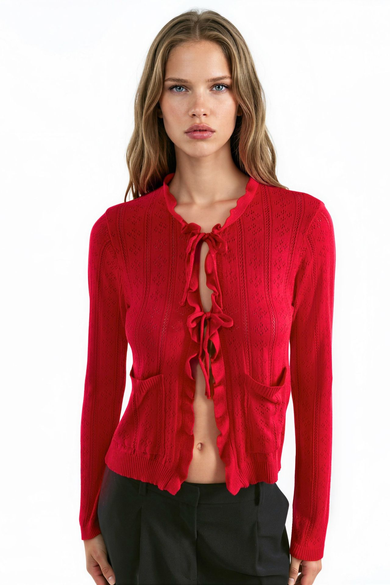 Ruffled Openwork Knit Cardigan with Special Yarn 7