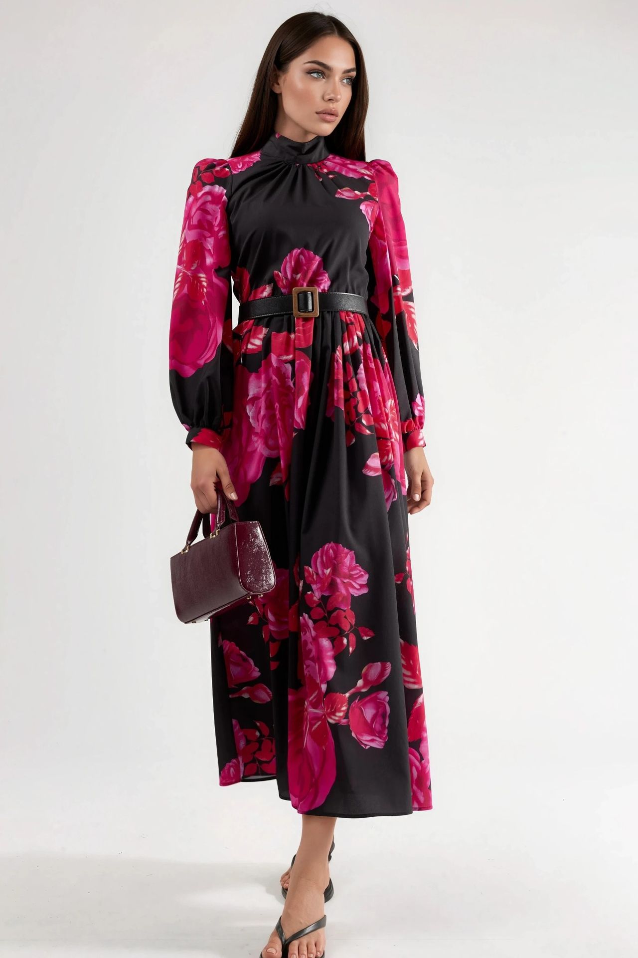 MSN Floral Belted Maxi Dress with Half Turtleneck 6