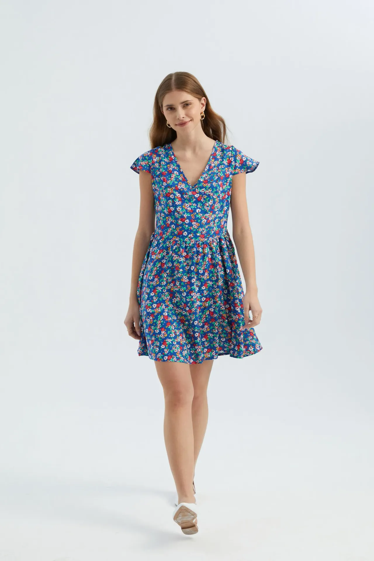 Floral V Neck Short Sleeve Mini Dress