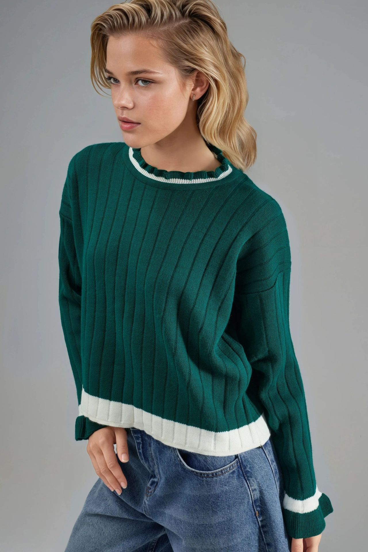 MY FASHION Striped Knit Sweater with Crew Neck 1