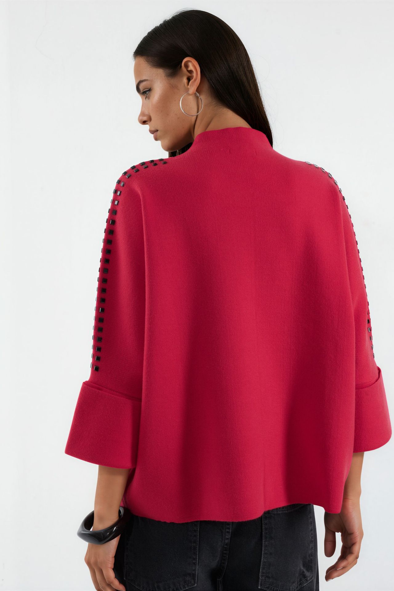 Mock Neck Knit Sweater with Stone Accessory Detail 3