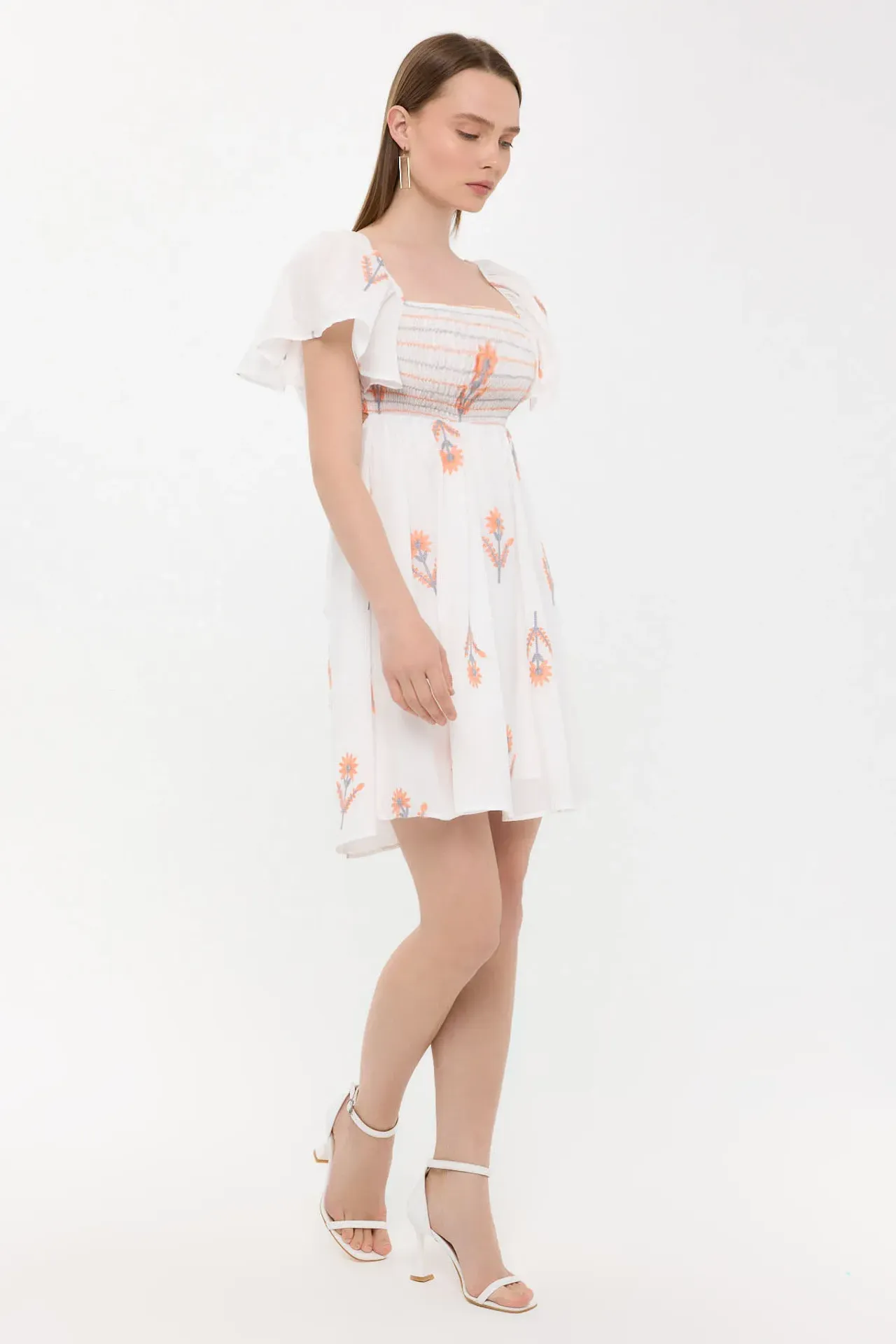 Floral Mini Dress with Bell Sleeves and Square Neck