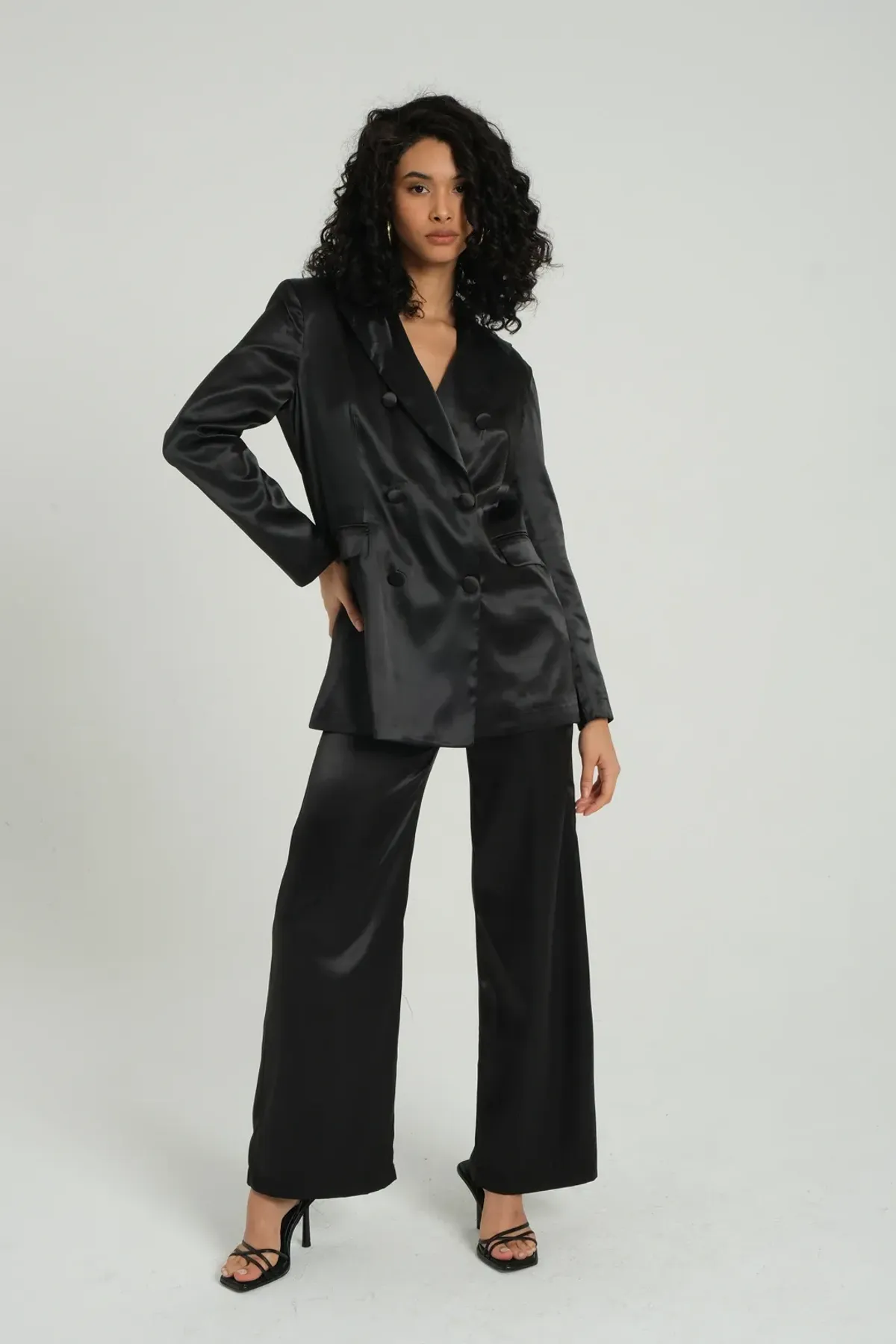 Collar Satin Blazer & High Waist Wide Leg Trousers Co-ord Set 1