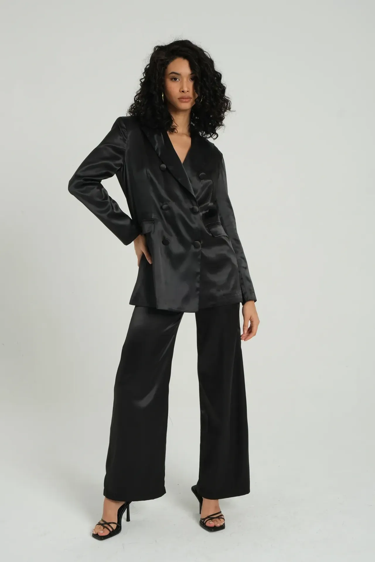 2 Pieces: Collar Satin Buttoned Oversized Blazer & High Waist Wide Leg Trousers