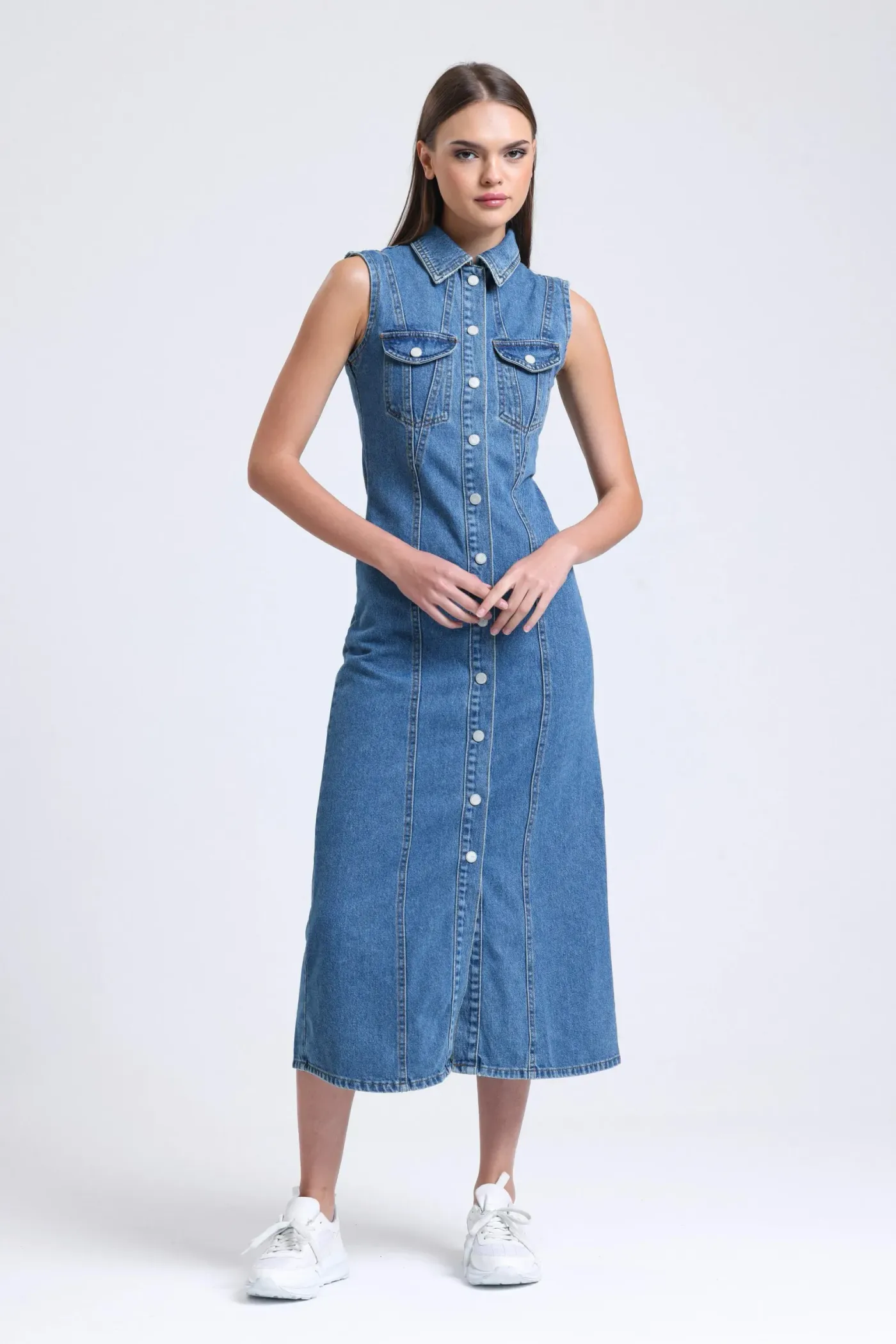 Polo Collar Buttoned Sleeveless Midi Dress