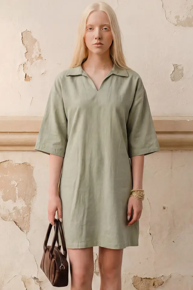 MY FASHION Polo Collar Mini Dress with Three Quarter Sleeves