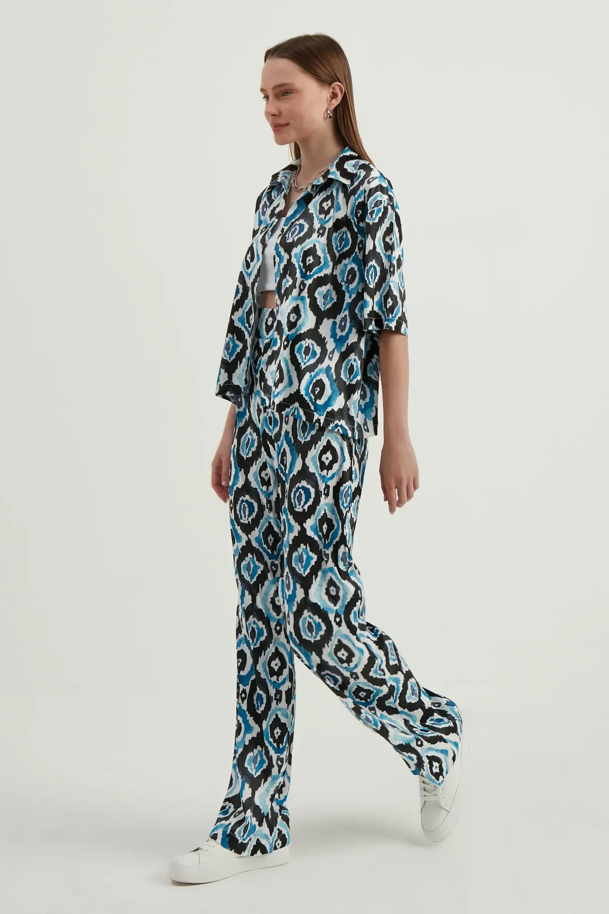 Saten Geometrik Yüksek Bel Boho Pantolon 3