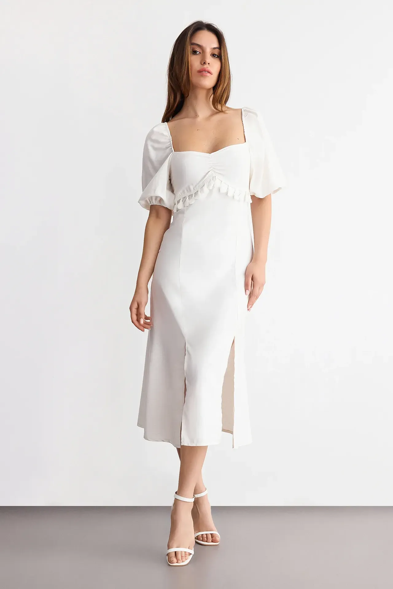 Sweetheart Neck Puff Sleeve Midi Dress with Side Slits and Tassel Detail