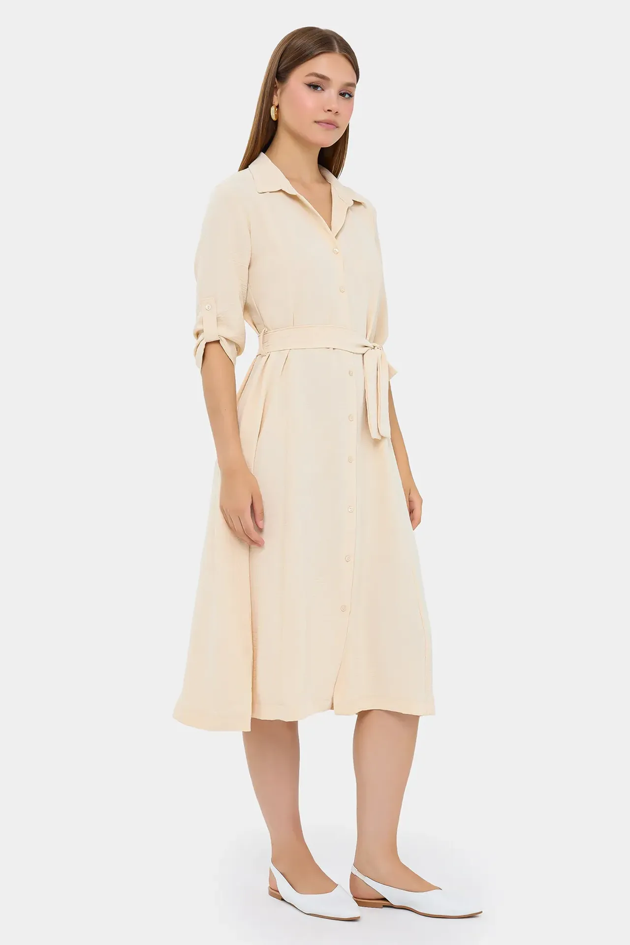 Buttoned Shirt Collar Midi Dress with Front Slit
