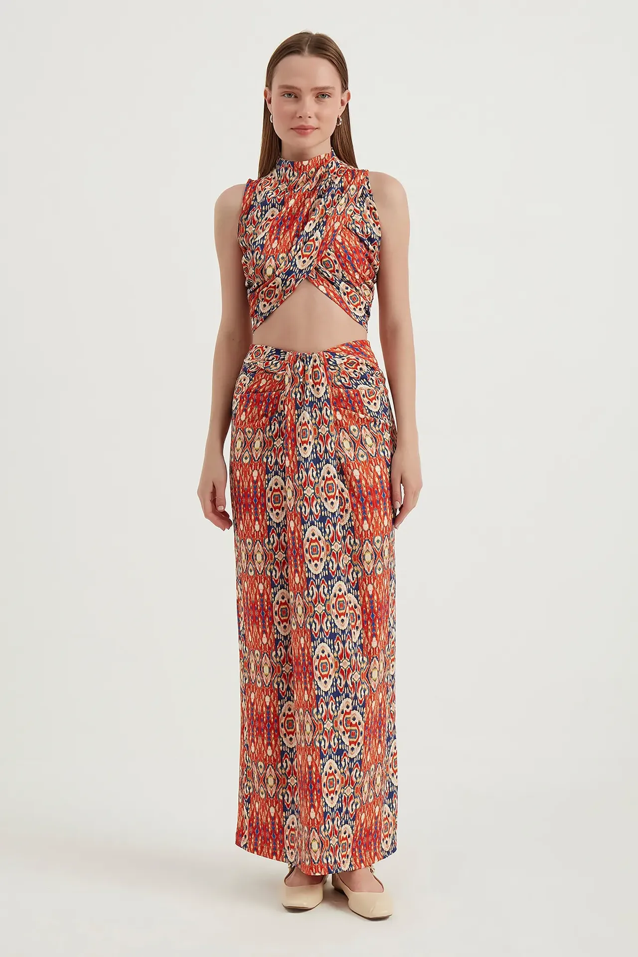 2 Pieces: High Neck Sleeveless Boho Crop top & Mid Rise Midi Skirt