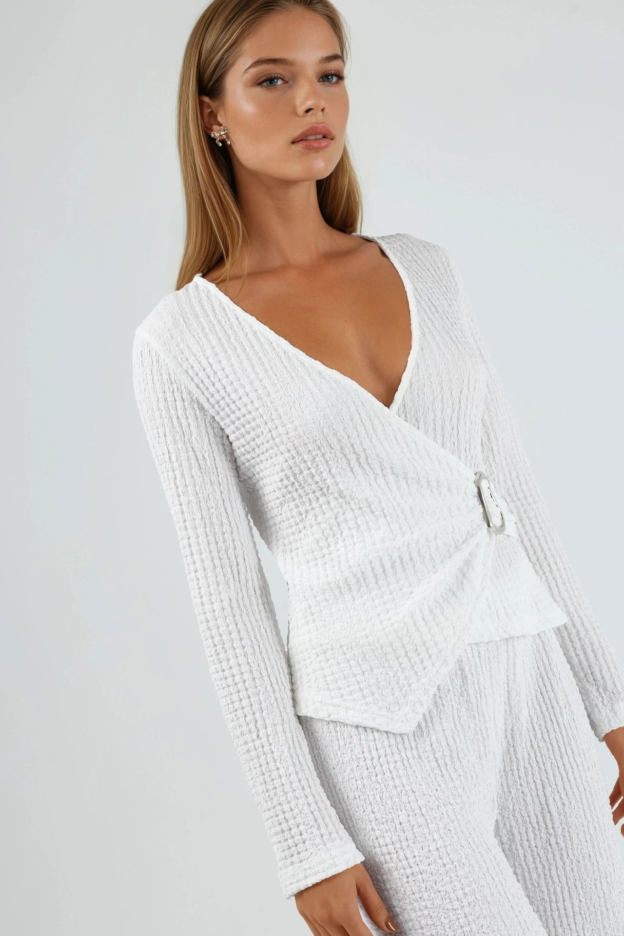 BUSEM Textured V-Neck Wrap Top with Belt 4