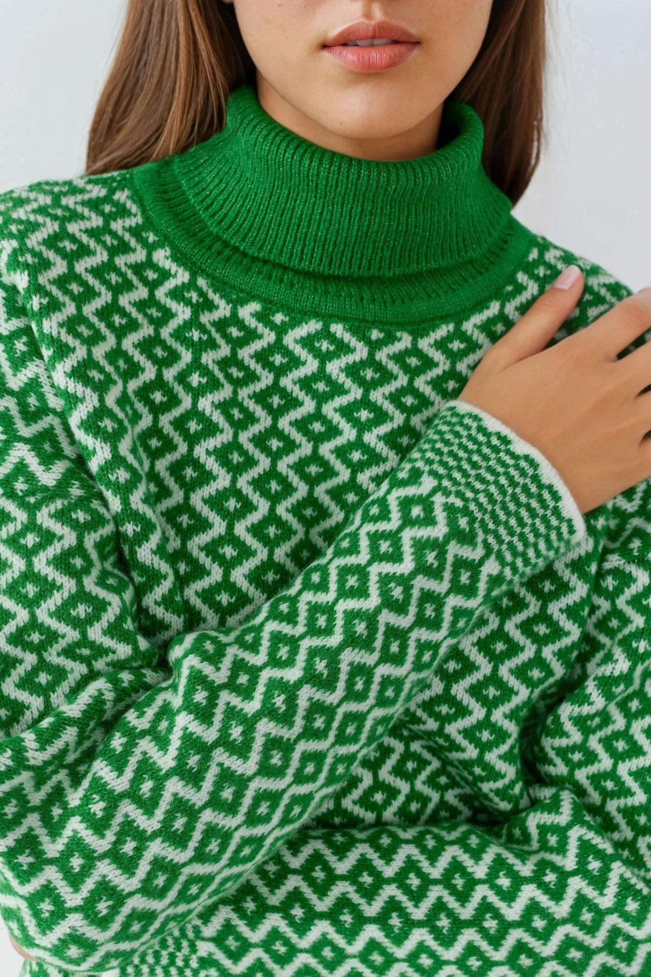 MY FASHION Long Turtleneck Geometric Pattern Ribbed Sweater 6