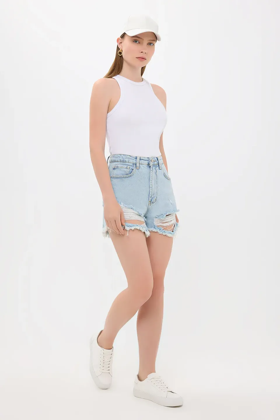High-Waist Ripped Denim Mini Shorts