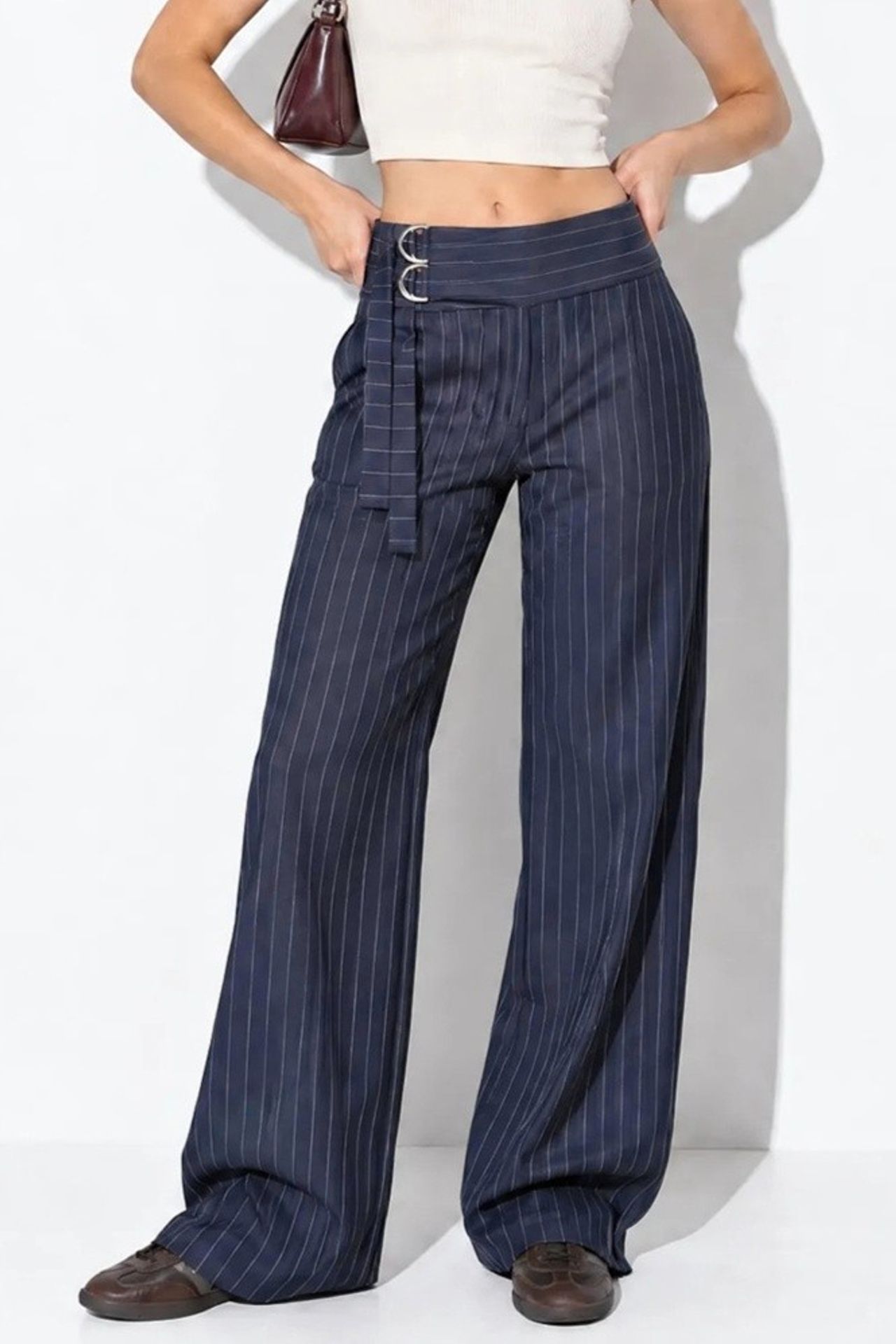 Kemerli Çizgili Geniş Paça Pantolon 1
