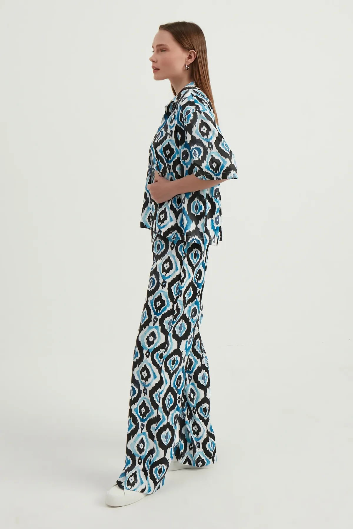 Saten Geometrik Yüksek Bel Boho Pantolon 2