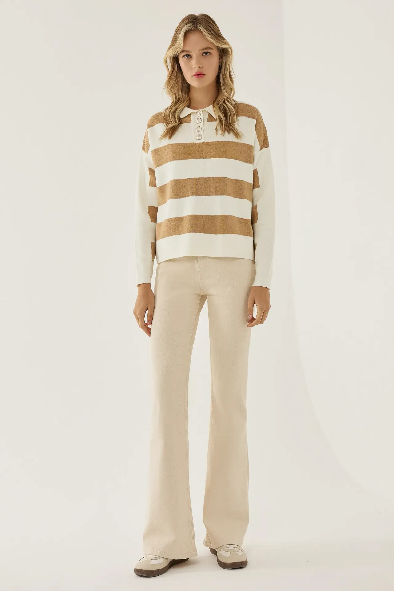 Striped Knitwear Sweater with Button Collar